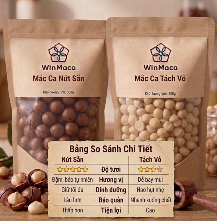 So sánh Mắc ca sấy chưa nứt vỏ và mắc ca tách vỏ