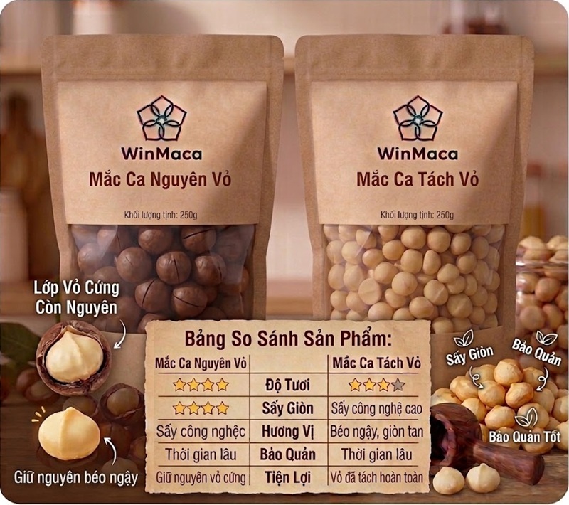 So sánh mắc ca tách vỏ và mắc ca nguyên vỏ 250gr